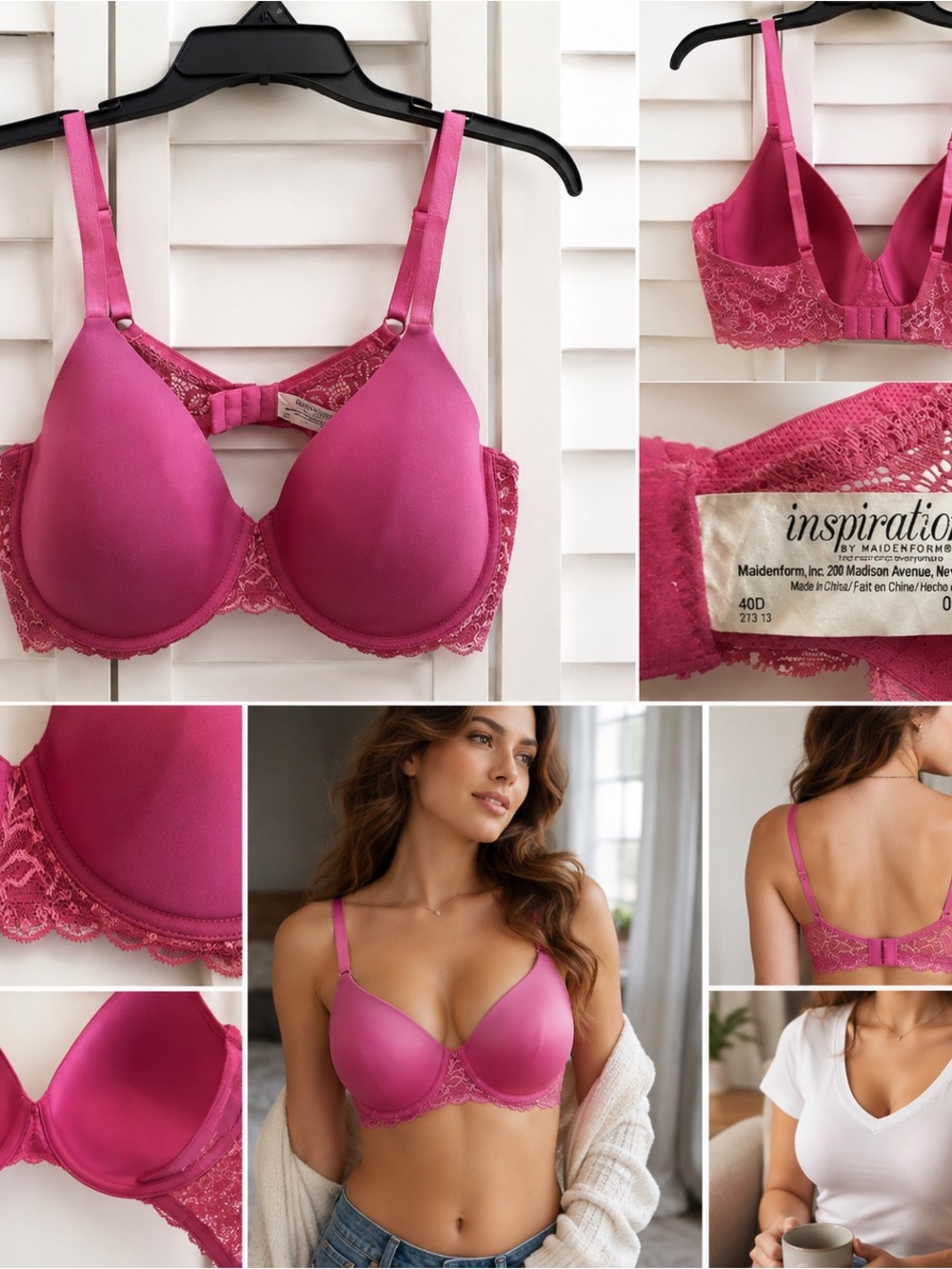 Maidenform Inspirations Bra 40D Pink Extra Coverage Underwire T-Shirt Lace